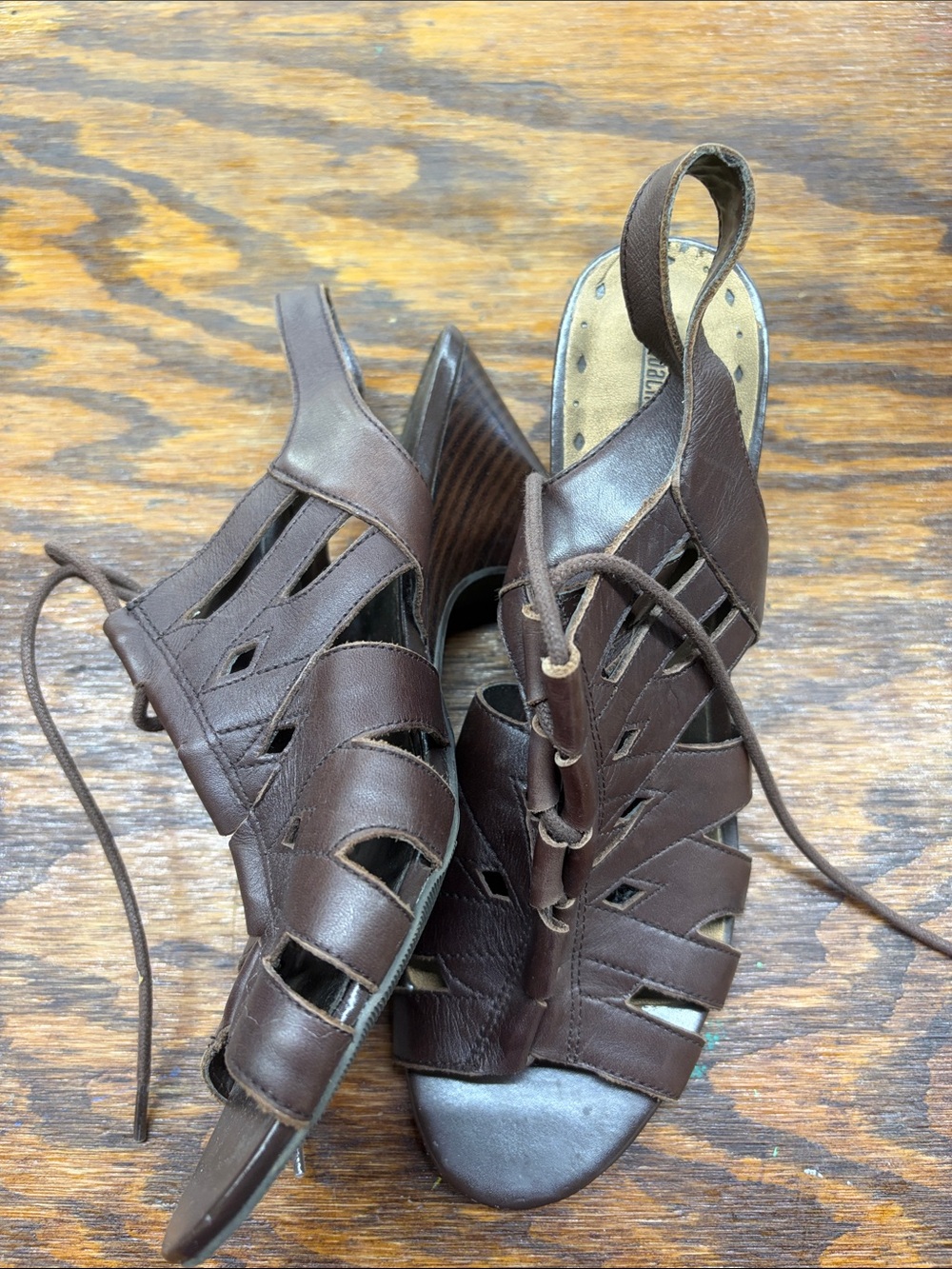 Women's Brown Coach Lace-Up Leather Wedge Sandals